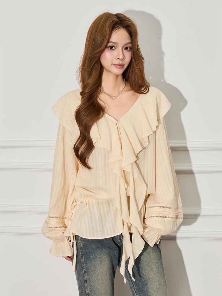 Women's French Apricot Ruffle V-Neck Lantern Sleeve Top