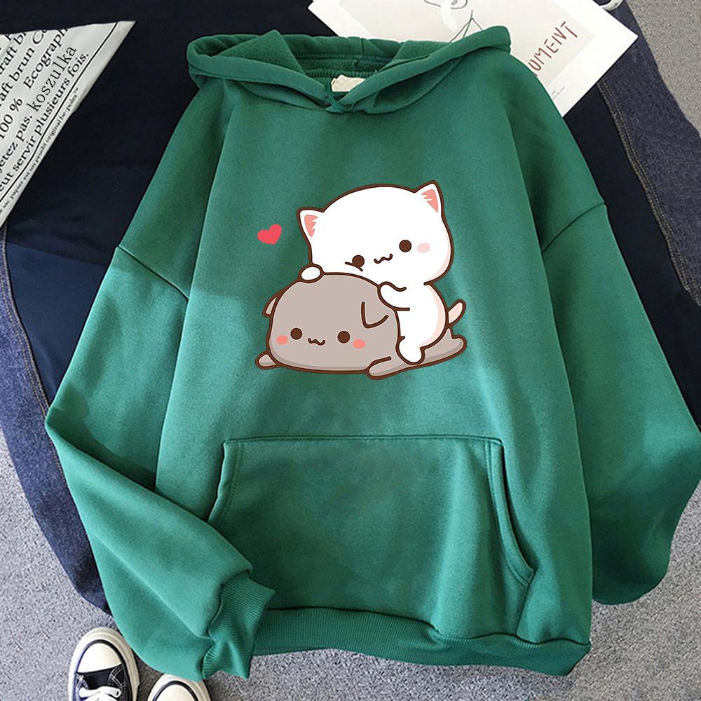 Harajuku Rubber And Peach Cat Женская толстовка с капюшоном больших размеров с длинным рукавом Свободная повседневная уличная одежда для девушек Корейская одежда для пар
