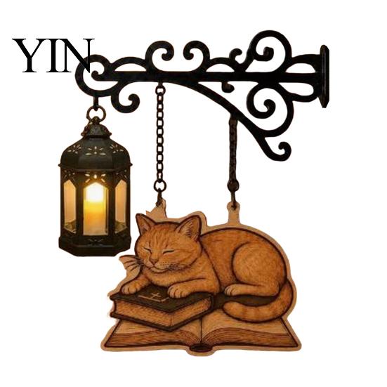 Atmospheric Bedside Night Light Vintage Bookshelf with Cat Sleeping on Book Design, Retro Lantern Rustic Metal Wall Lamp for Reading, Decorative