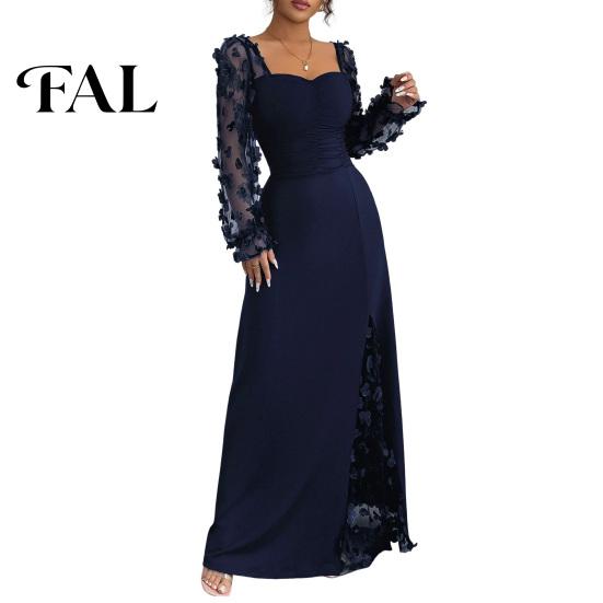 Comfortable Lightweight Dresses Flower Lace Sleeve Long Dress for Women, Square Neck Ruffle A-Line Elegant Summer Dress, Solid Color Slim