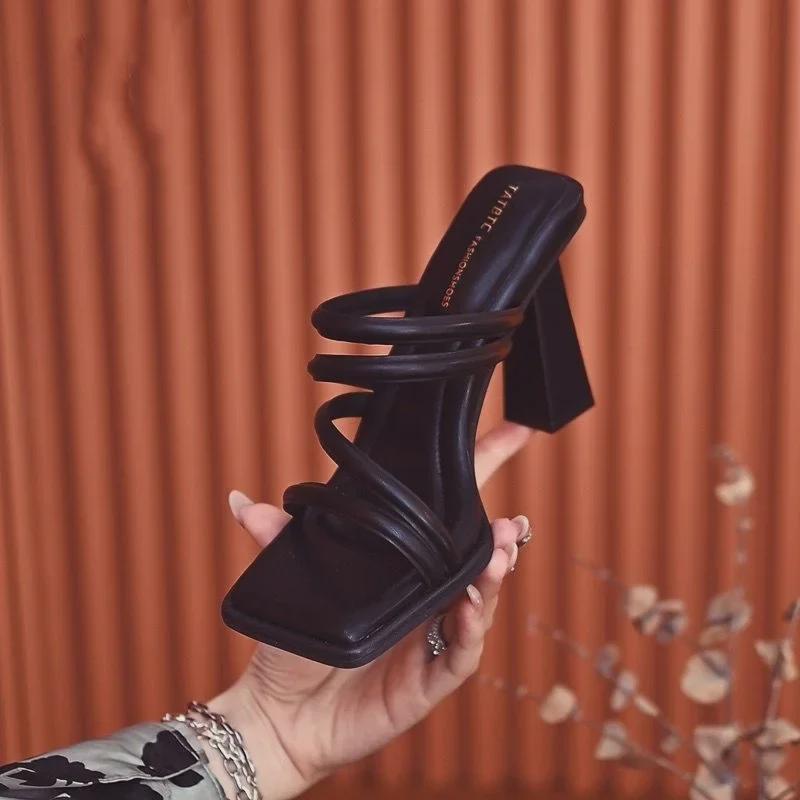 Z2024 Summer Korean-Style Square-Toe Strap High Heel Sandals for Women
