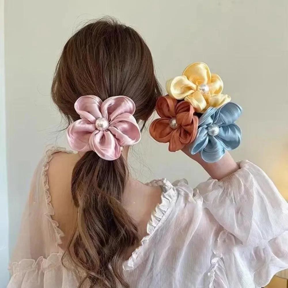 Fashion Elegant Pearl Flower Hair Rope Organza Stretch Scrunchies For Women Girls Hair Accessories Headwear Ponytail Holder