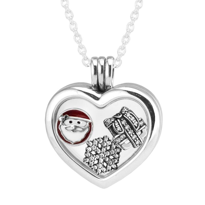 Floating Locket Heart Necklaces 925 Sterling Silver Jewelry Pendants with 3 Inner Parts Christmas Petite Charms