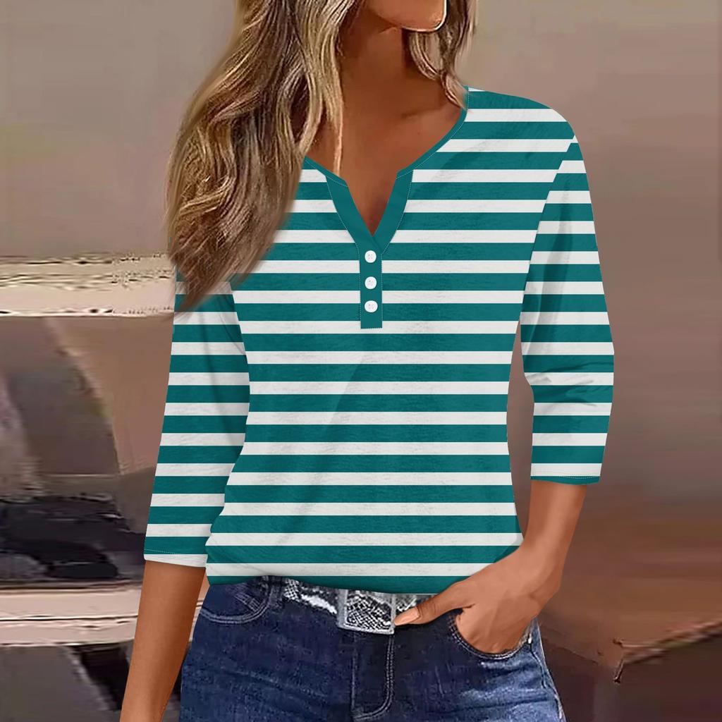 Жен. Футболка Футболка С принтом Пуговицы Рукав 3/4Ежедневно Выходные Мода Классический Топ с v-образным вырезом Обычный