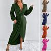 Women's Satin Wrap Long Dress V Neck Long Sleeve Maxi Dress