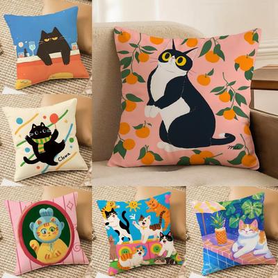 Cute Cat Illustrations Cushion Cover DoubleSided Plush Sofa Cushion Covers Organic Breathable Invisible Zipper