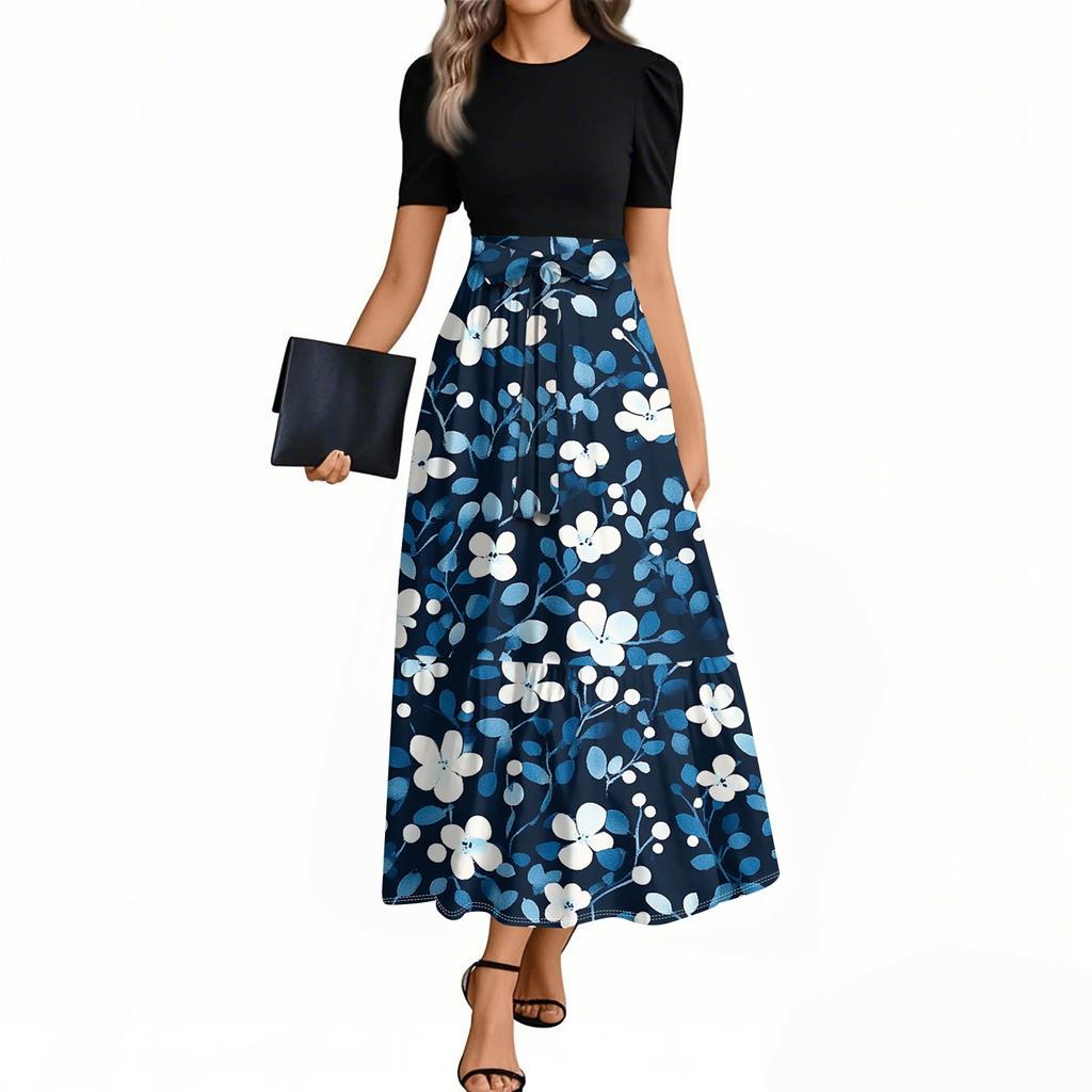 Женское элегантное модное повседневное платье с цветочным принтом и поясом, короткими рукавами и круглым вырезом