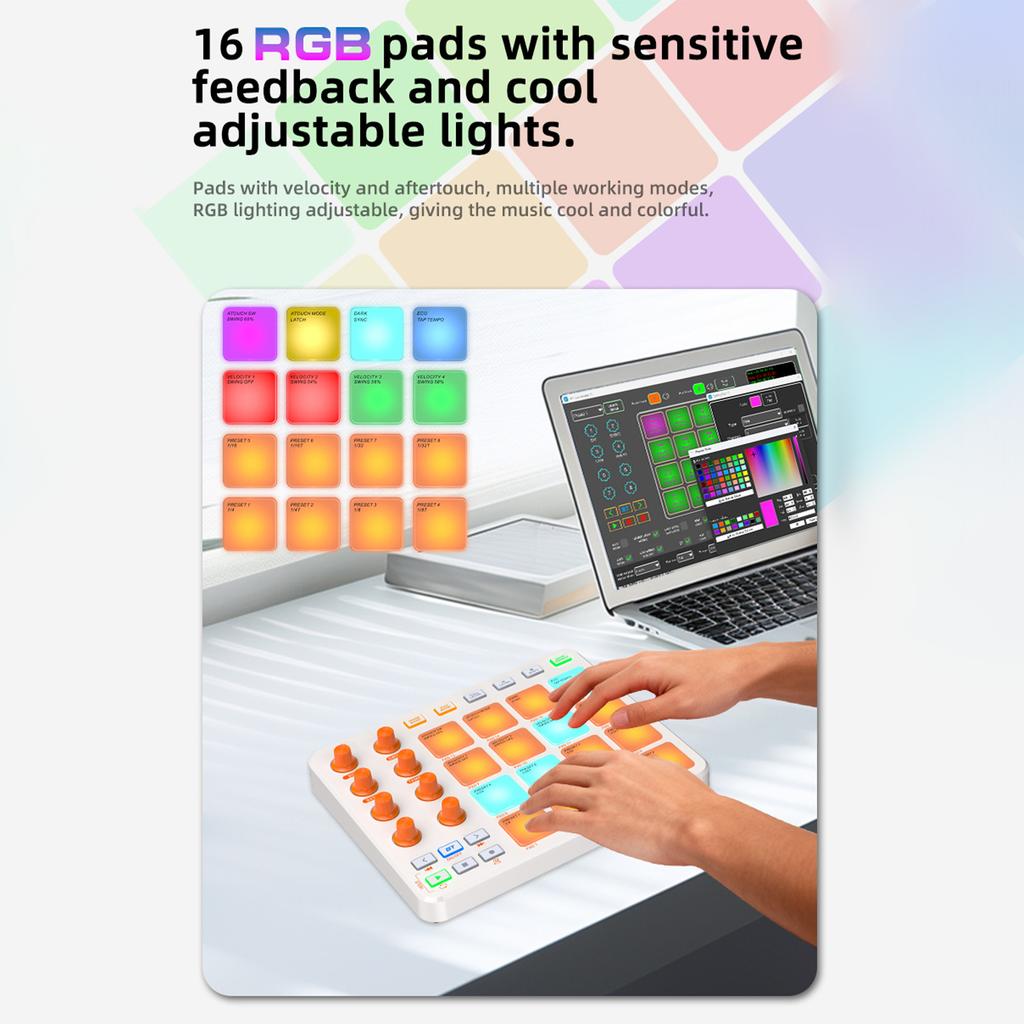 Беспроводной MIDI-контроллер MIDI-клавиатура пэды 16 RGB-пэдов 6 настраиваемых кнопок 8 ручек Перезаряжаемый Поддержка ПК Мобильное приложение для начинающих
