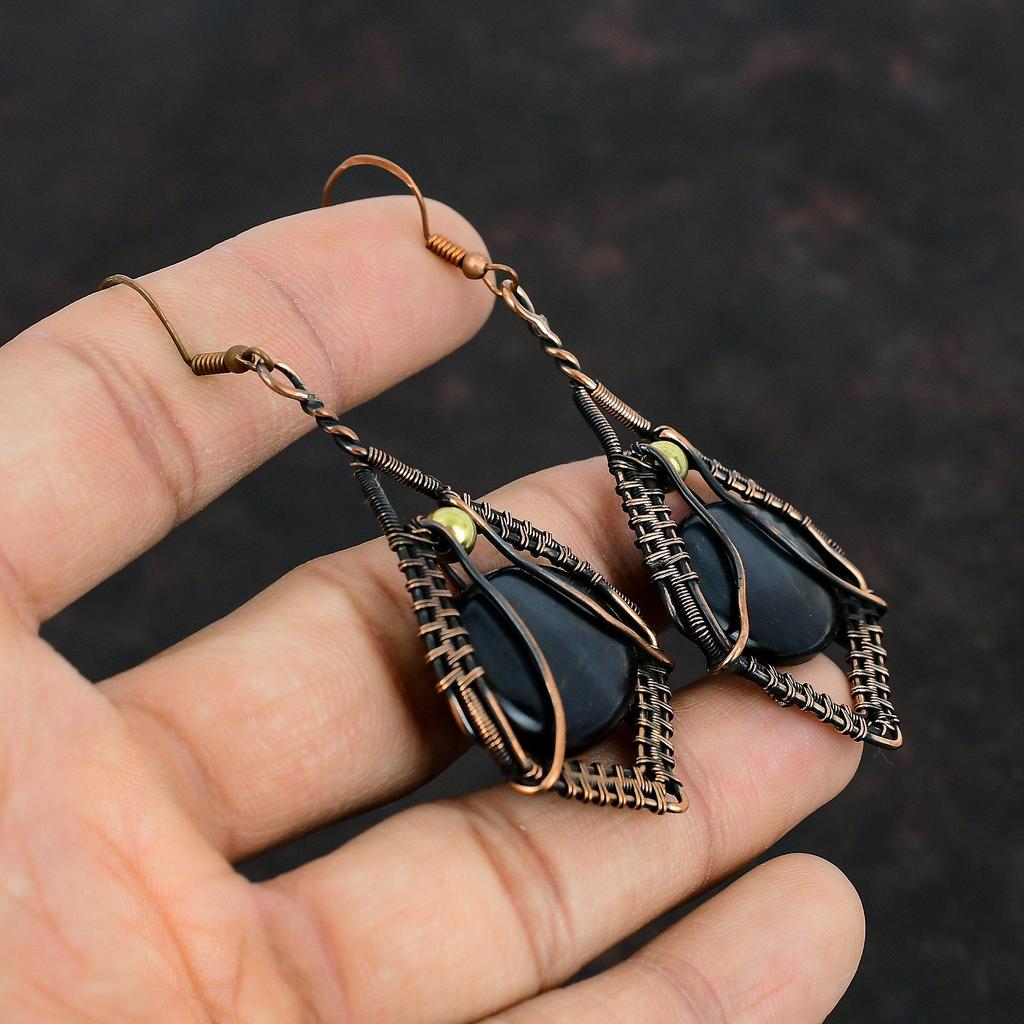 Серьги Pietersite, медная проволока, серьги ручной работы, медные украшения, уникальные серьги, серьги с драгоценными камнями, подарки для женщин, ювелирные изделия, завернутые в проволоку