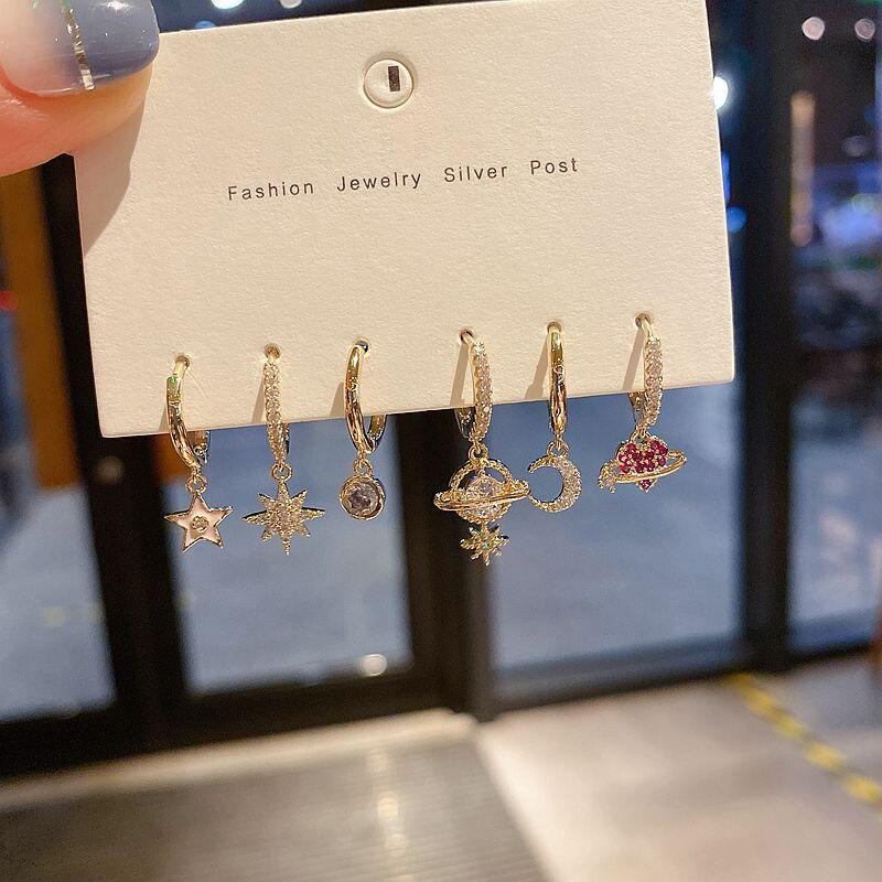 Новый набор сережек-колец в виде звезды и луны, наборы длинных золотых сережек для женщин, модные ювелирные изделия, подарочные подарки S-E1283