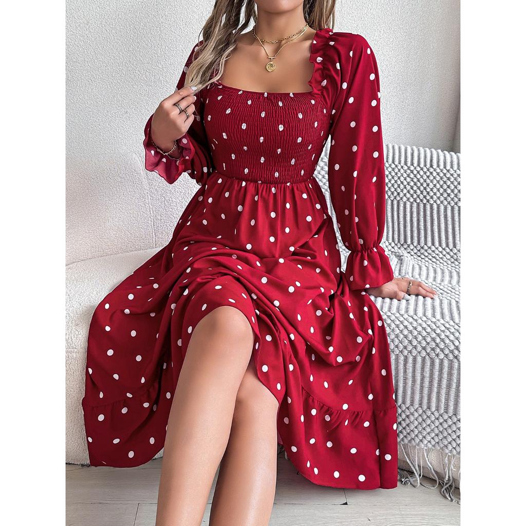 GMXIA Осень и Зима Повседневная Черная Юбка Миди в Горошек с Квадратным Вырезом и Отделкой Ушками для Женщин