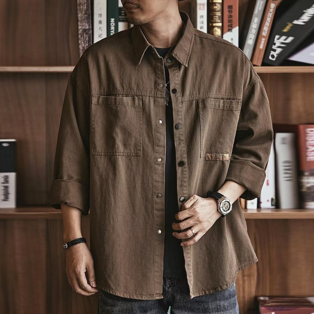 Autumn Men's Long Sleeve Cargo Shirt Casual Korean Fashion Oversize Blouses Hombre High Street Y2K T Shirt Baggy Jacket