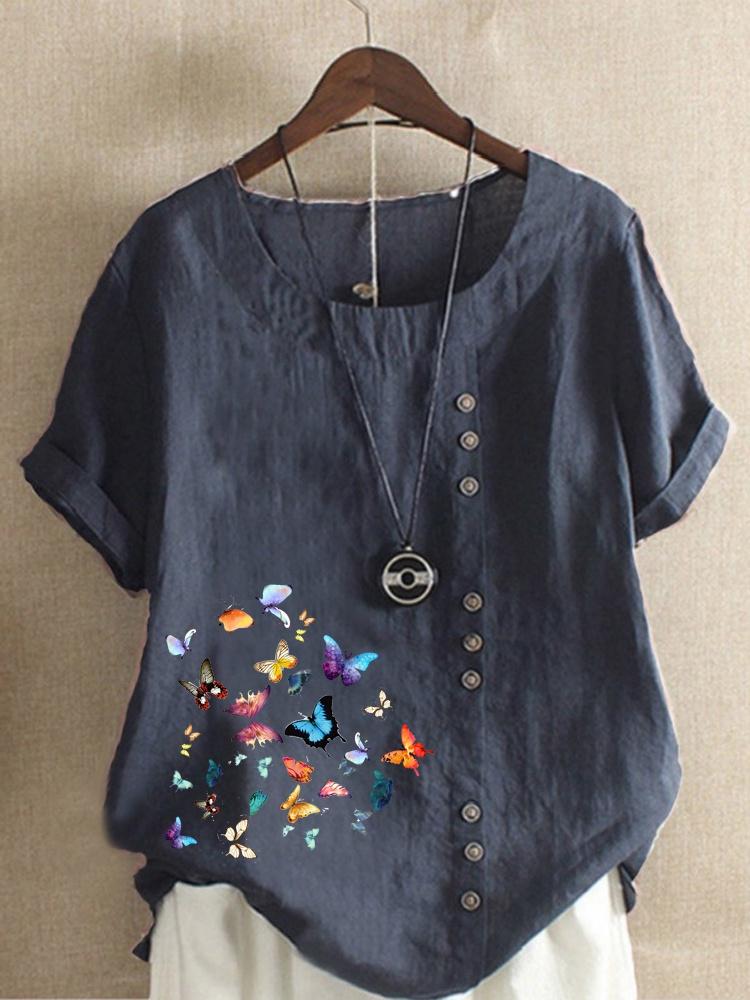 Женские топы с короткими рукавами и круглым вырезом с принтом бабочек, свободная хлопковая рубашка, повседневная блузка XS-5XL