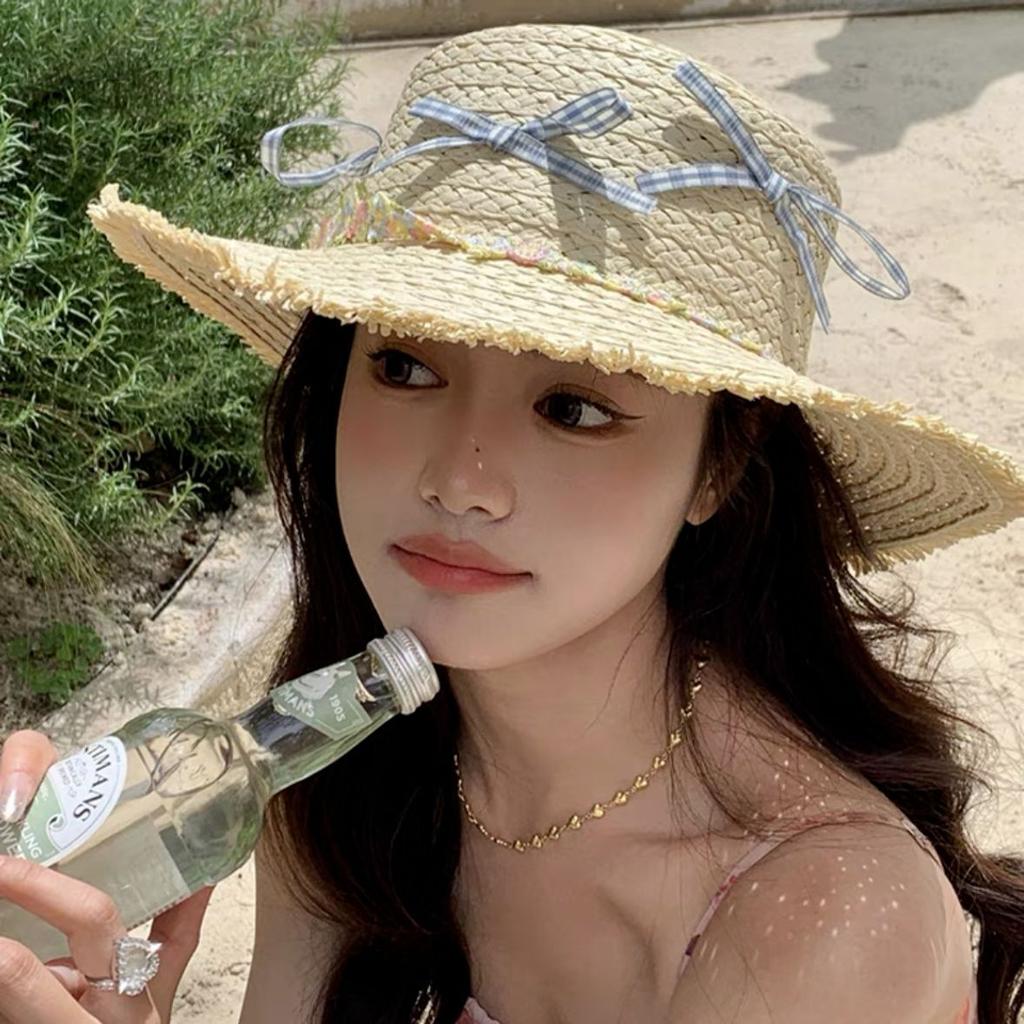 French bow flower flat top straw hat women's summer seaside beach vacation big brim sunshade sun hat