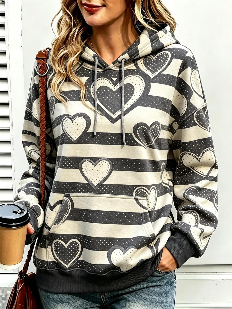 Women Fleece Hoodie Striped Background Hollow Heart Star All Over Print Oversized Hooded Sweatshirt Casual Pullover