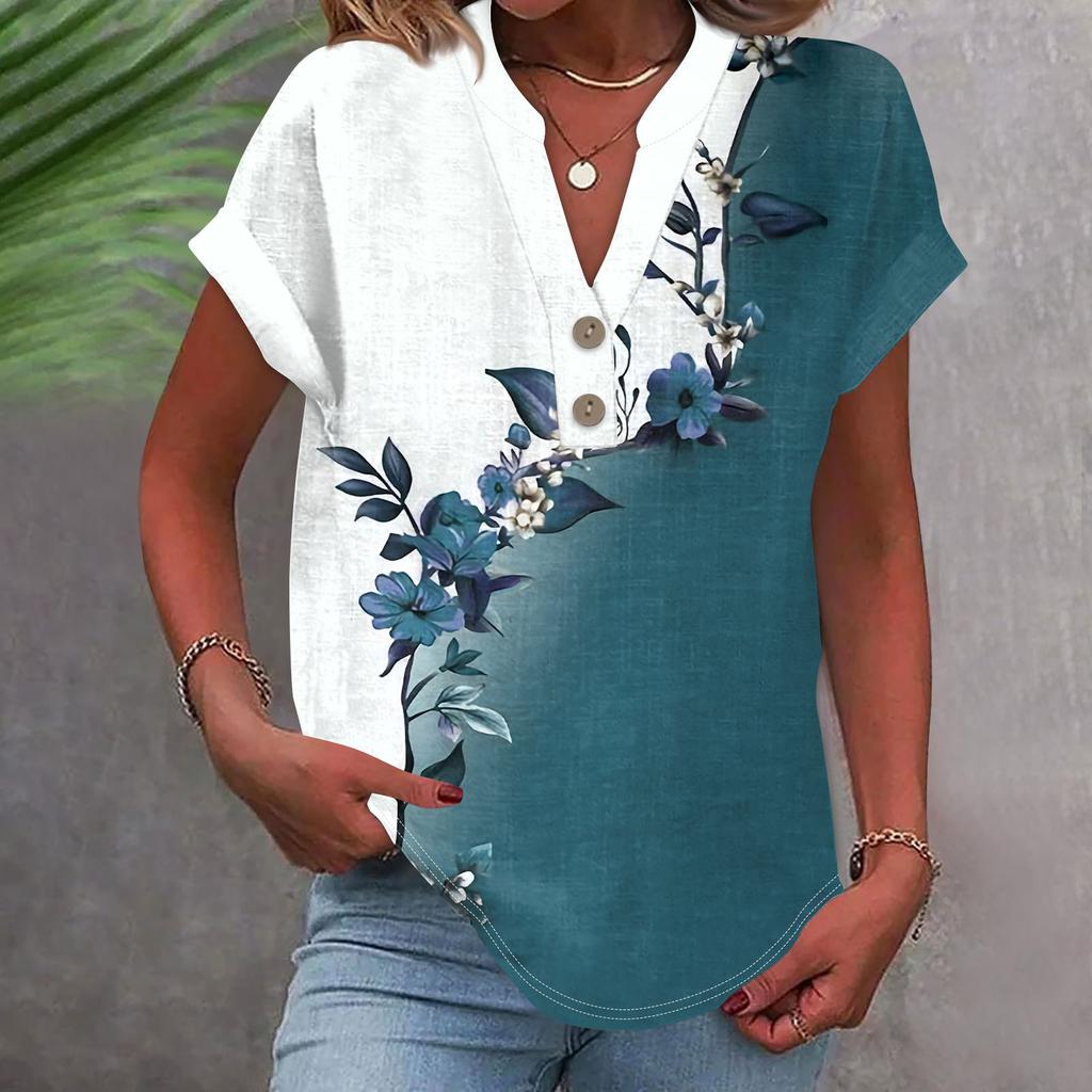 Женская модная повседневная рубашка с v-образным вырезом и коротким рукавом с принтом, футболка на пуговицах, топ