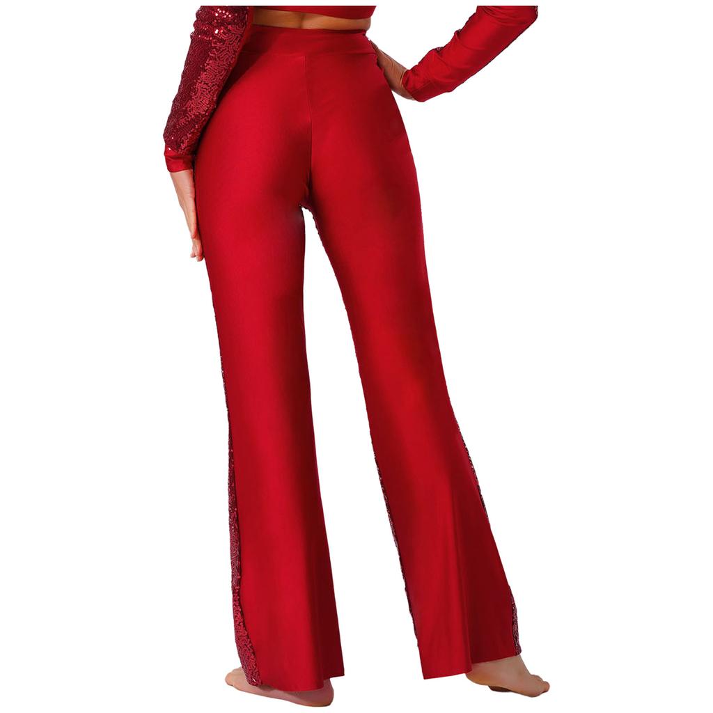 Womens Glittery Sequin Jazz Dance Pants Flared Design Elastic High Waist Rhinestone Decor Bell Bottom Trousers
