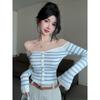 Sexy One-word Shoulder Striped Long-sleeved Knitted Sweater Women's Autumn New Pure Desire Spice Girl Slim-fitting Short Top