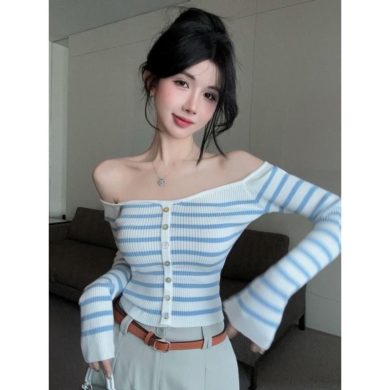 Sexy One-word Shoulder Striped Long-sleeved Knitted Sweater Women's Autumn New Pure Desire Spice Girl Slim-fitting Short Top