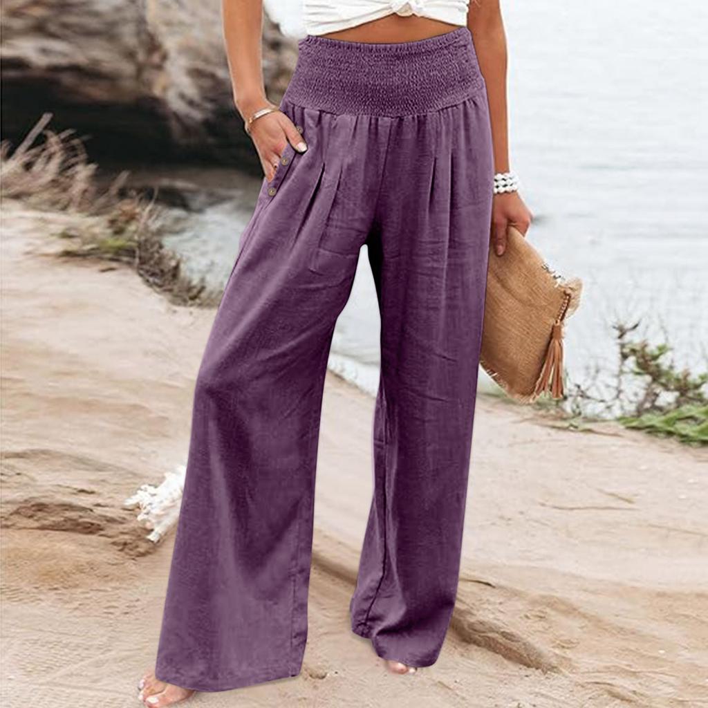 Summer Cotton Linen Wide Leg Pants Women Loose Palazzo Pant Pocket Elastic Waist Button Casual Pants