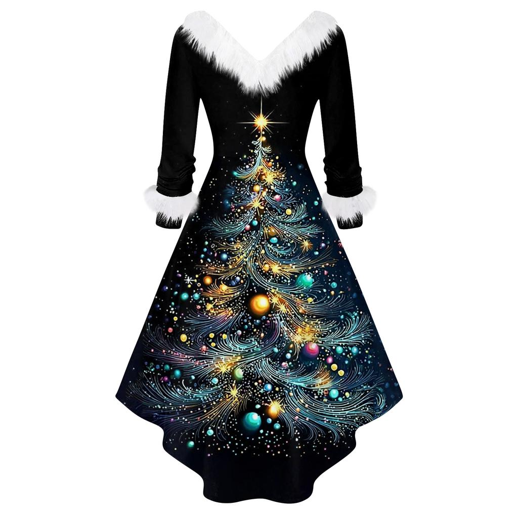 Women's Fashion Elegant Autun And Winter Long Sleeve V-Neck Christmas Print Dress