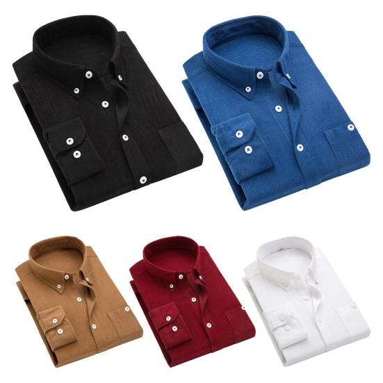 Мужская вельветовая рубашка Slim Fit с лацканами, рубашка с длинными рукавами, топы, однотонные карманы, повседневная рубашка, офисная спецодежда