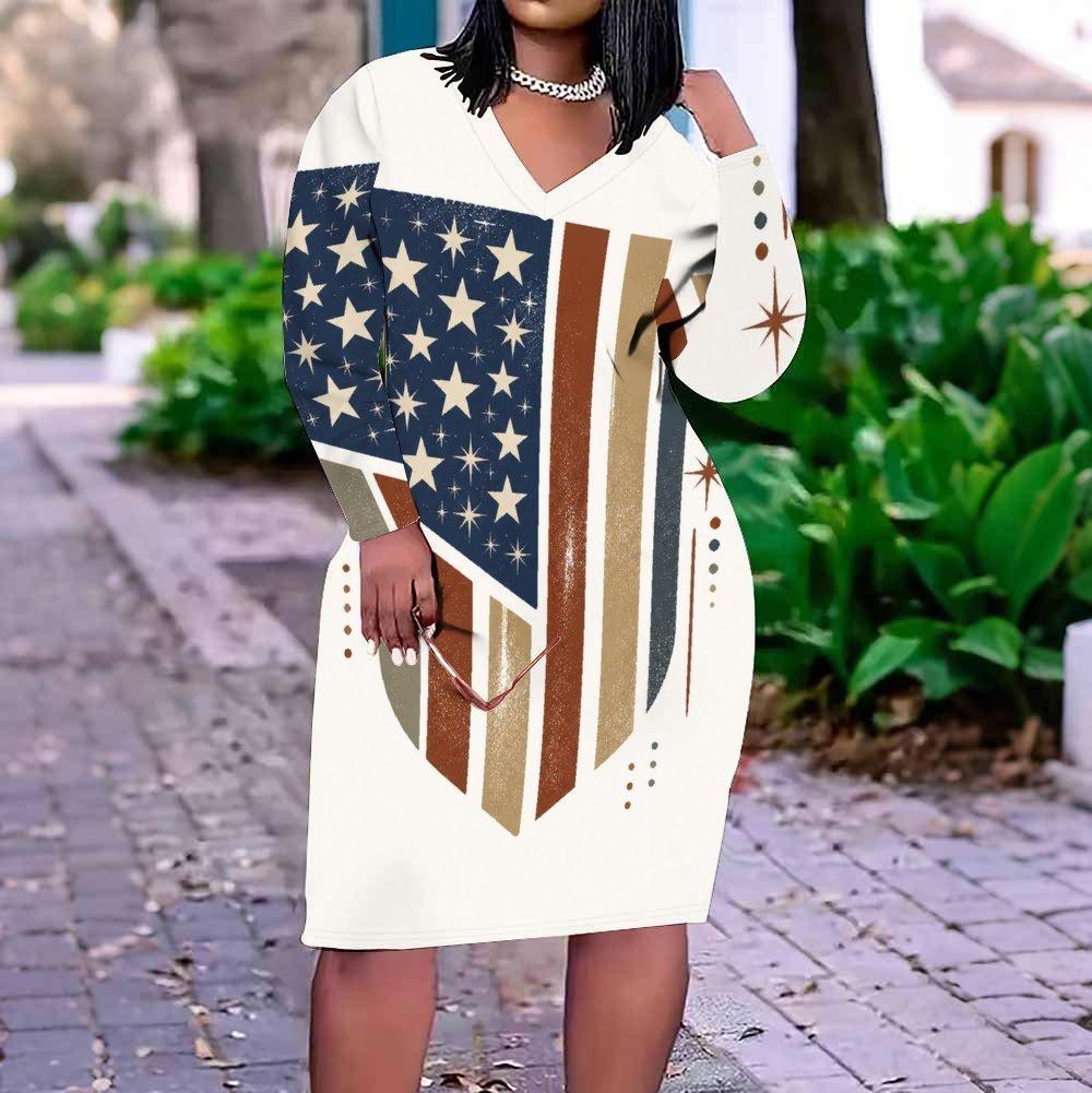 Women Plus Size Off White V Neck Long Sleeve Printed Fitted Straight Hem Dress