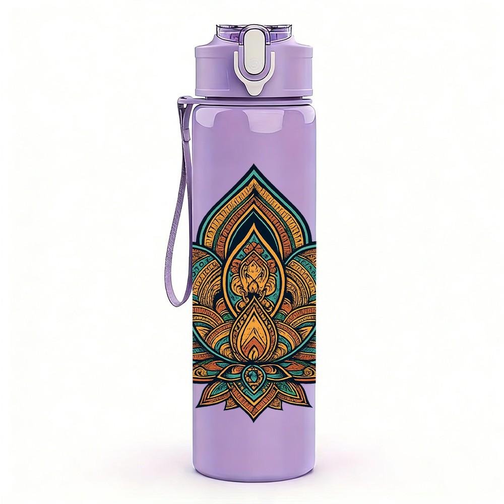 1PC Golden Lotus Mandala 750ml Color Plastic Sports Water Bottle Leakproof Flip Straw Lid Suitable for Sports Office Home Use
