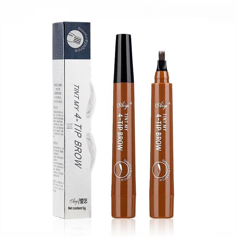 Bilingual Four-Prong Liquid Eyebrow Pen - Micro-Carved Korean Style, Long-Lasting, Sweatproof & Waterproof.