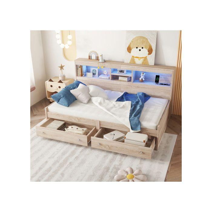 Daybett, lit de jour 90*200 cm, table de chevet, lit avec 2 prises USB et 2 prises de charge (sans matelas) couleur naturelle