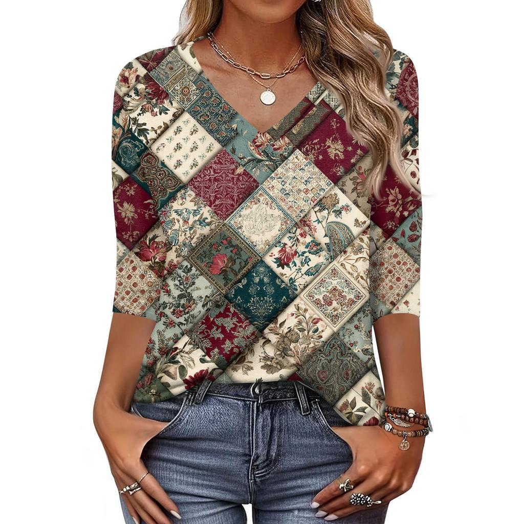 Women's T Shirt Print 3/4 Sleeve Daily Weekend Fashion Basic V- Neck Regular Top