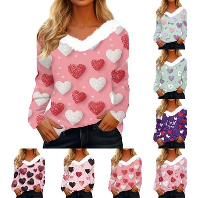 Женская футболка с длинным рукавом с принтом на День святого Валентина, V-образным вырезом, повседневная, свободного кроя
