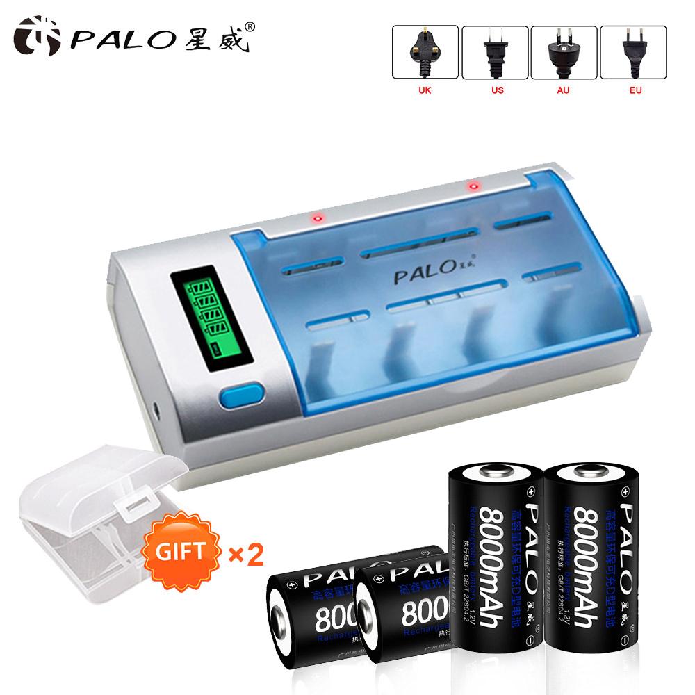 PALO Зарядное устройство с ЖК-дисплеем для аккумулятора 1,2 В AA/AAA/SC/C/D/9 В Mi-MH + 4 шт. NiMH 8000 мАч перезаряжаемого аккумулятора D размера D