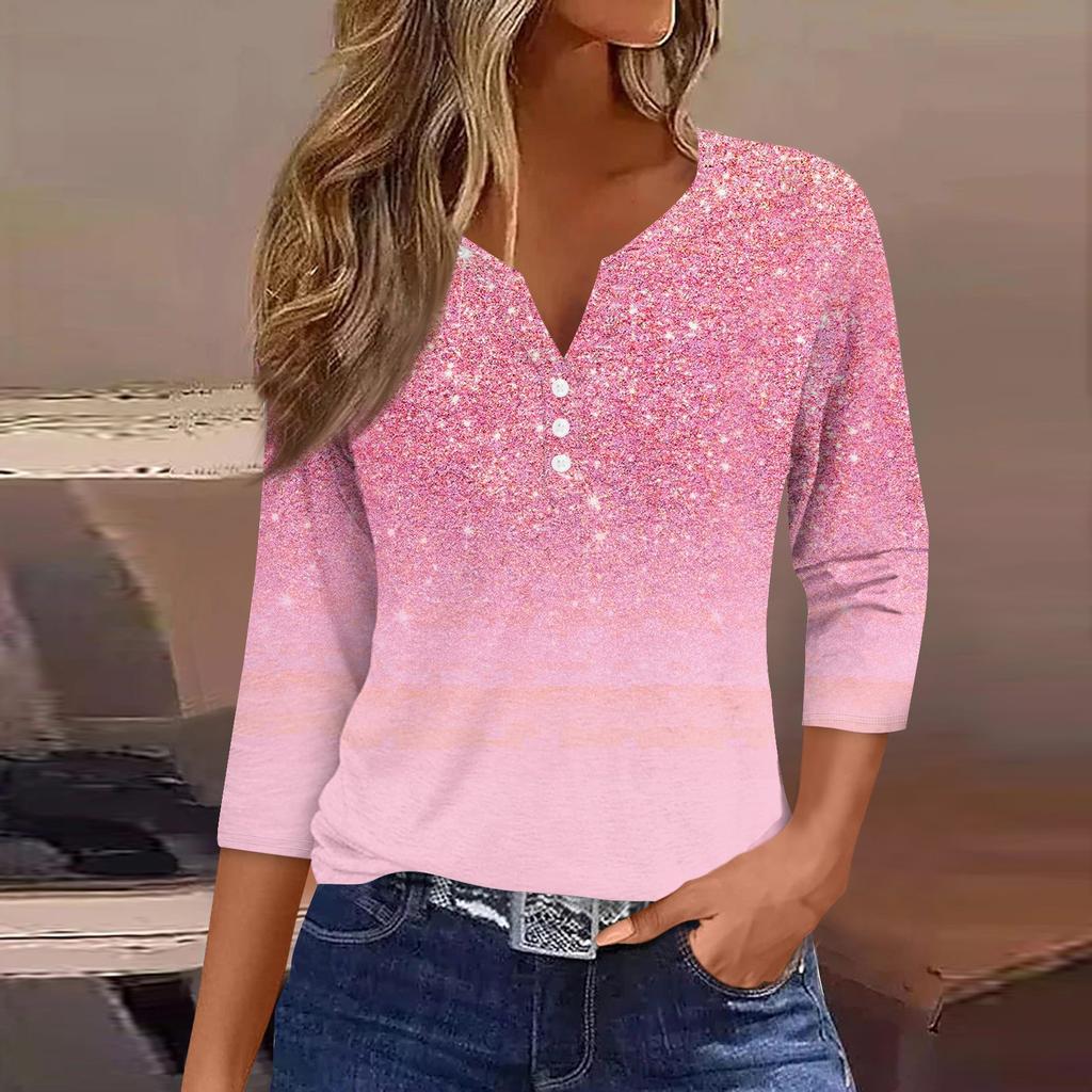 Жен. Футболка Футболка С принтом Пуговицы Рукав 3/4Ежедневно Выходные Мода Классический Топ с v-образным вырезом Обычный