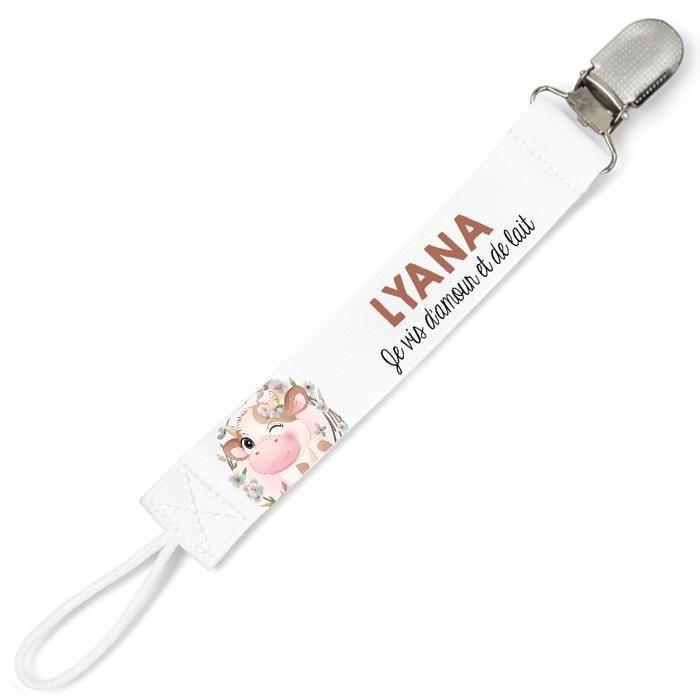 Planetee Attache tétine pour prénom LYANA je vis d'amour et de lait Vache | Attache sucette cadeau naissance
