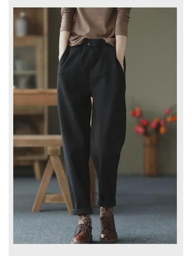 2025 Women's Elastic Waist Cotton Twill Harem Pants - Western Casual Style, Solid Color with Fashion Buttons
