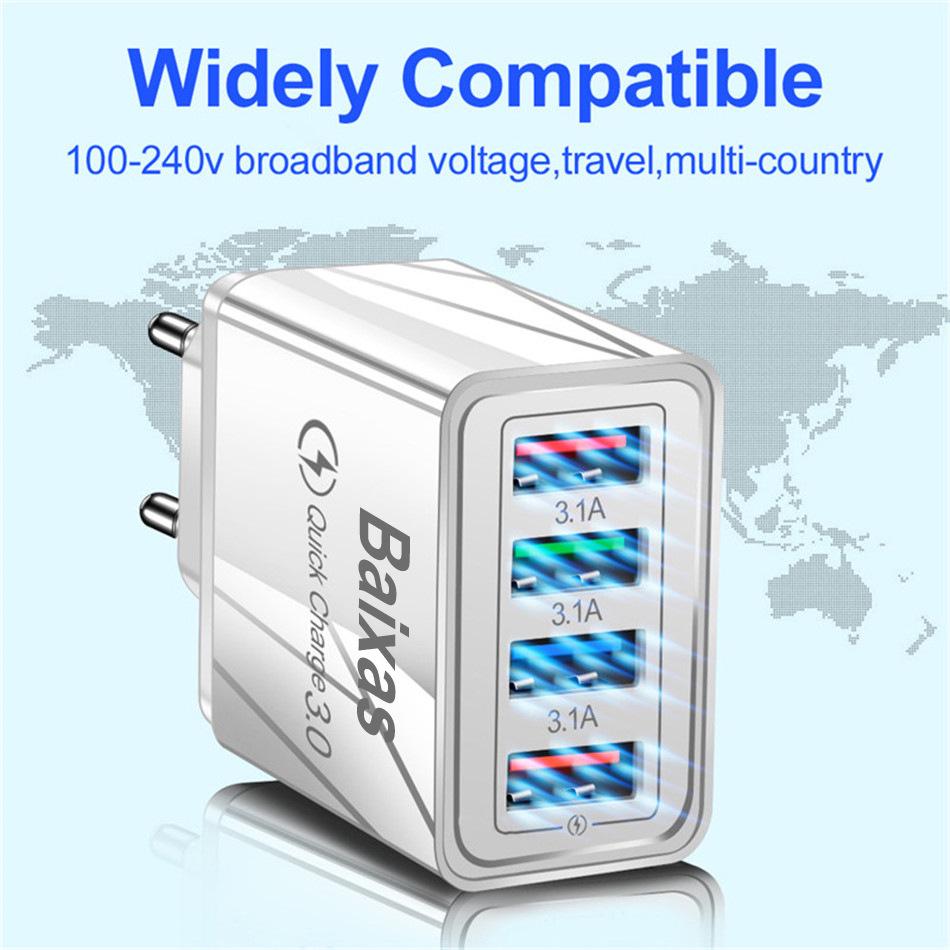 4-портовое USB-зарядное устройство для мобильных телефонов и планшетов, дорожное, стандарт США и ЕС, 3А