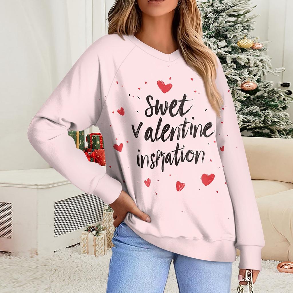 Женская повседневная мода комфорт с манжетой V-образным вырезом с принтом ко Дню святого Валентина пуловер с капюшоном