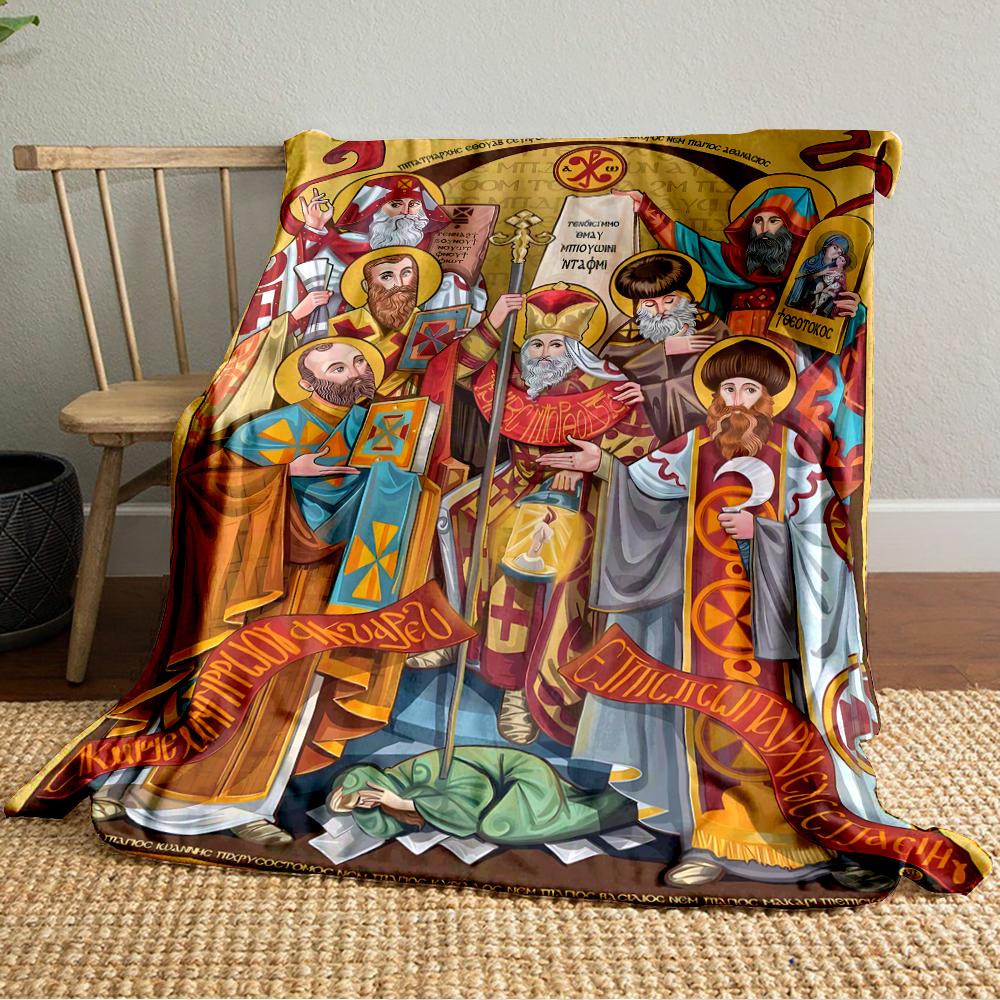 Religious Icons on Colorful BlanketFlannel blanket for bedroom, living room, sofa, and nap