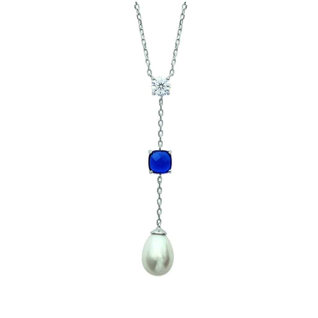 Les Trésors De Lily [L3911] - Silver Necklace 'Sissi' Ivory Sapphire (rhodium-plated) - 55x8 Mm