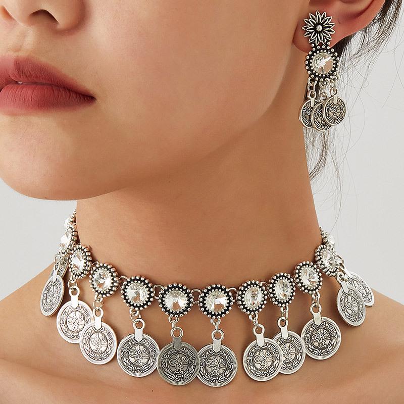 Модный ретро женский ювелирный набор в ближневосточном стиле с сияющими бриллиантовыми монетами - ожерелье и серьги