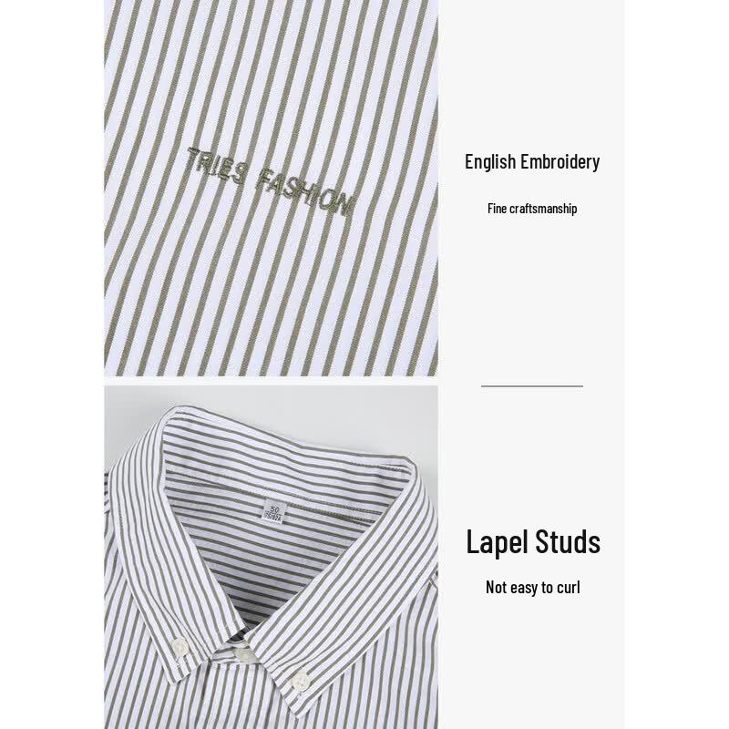 TRIES Men's Striped Embroidered Casual Short Sleeve Shirt
