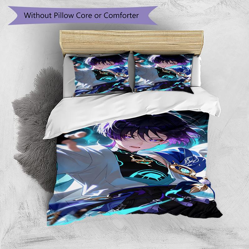 3pcs Genshin Impact Wanderer1 Design Cover Set - HD Printed Bedding with 1 Cover and 2 Pillowcases - Perfect for Home and Dorm Decor