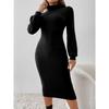 Women's Black Ribbed Knit Dress, Turtleneck Lantern Sleeve Bodycon Midi Dress with Slim Fit Design, Sexy Elegant Evening Dress for Date Night