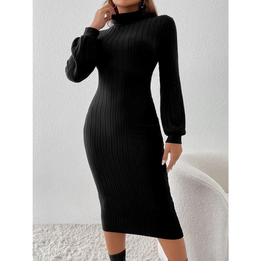 Women's Black Ribbed Knit Dress, Turtleneck Lantern Sleeve Bodycon Midi Dress with Slim Fit Design, Sexy Elegant Evening Dress for Date Night