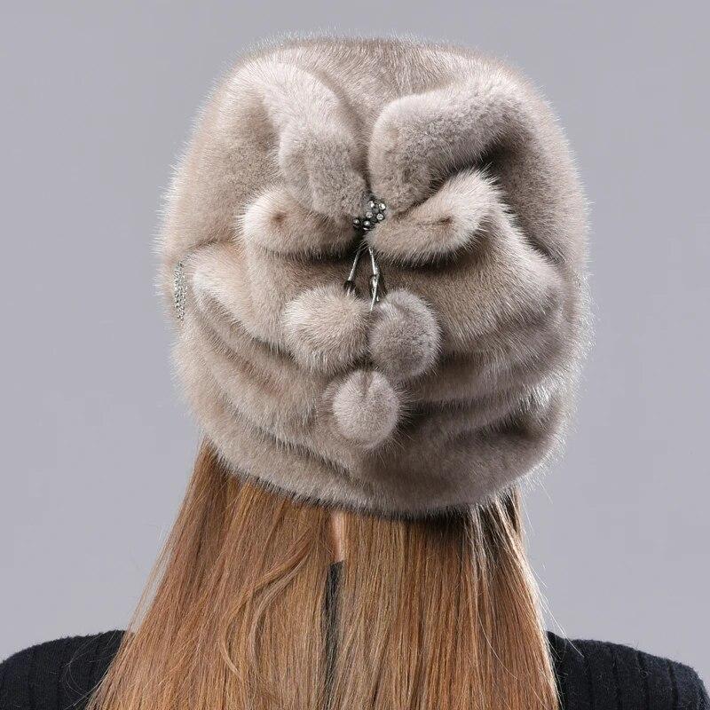 Зимние шапки для женщин из натурального меха норки, регулируемые рождественские роскошные теплые шапки
