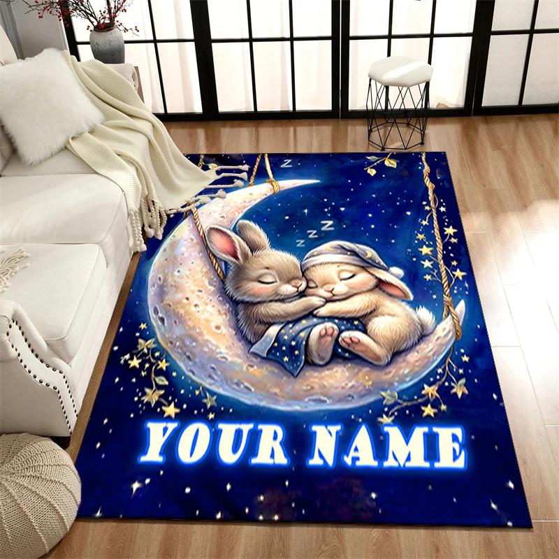 1PC Custom Name Bunnies Moon Theme Floor Mat Ideal for Living Room, Game Rooms, Office, Bedroom,Floor Mat Playful Design