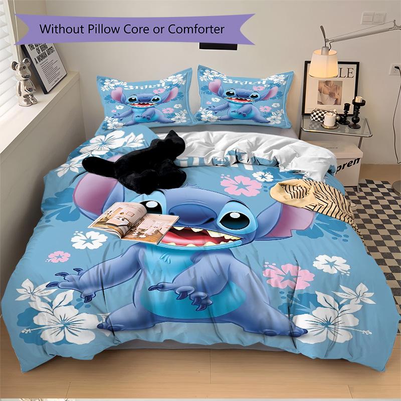 Stitch'S Floral Adventure Print 3Pcs Bedding Setduvet Cover With 2 Bedropillowcase Home Birthday Gift