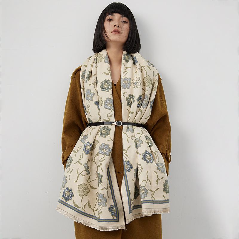 Winter Scarf Women'S Japanese And Korean Version Imitation Cashmere Flower Printing Fashion Versatile Scarf High-End Warm Shawl