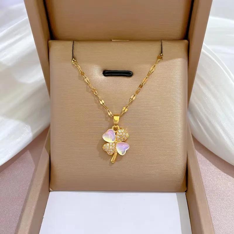 Cute Romantic Purple Four Leaf Zircon Flower Adjustable Rings for Women New Charm Gold Stainless Steel Finger Jewelry Gift